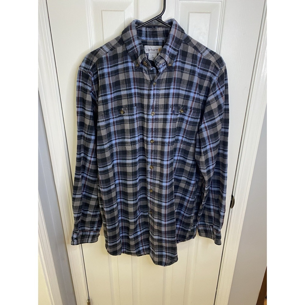 Carhartt Flannel Shirt Mens Large Tall Blue‎ Grey Plaid Excellent Long Sleeve
